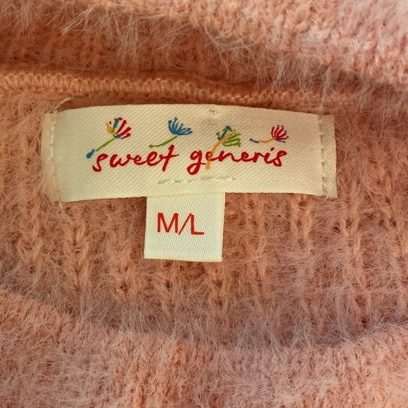 Sweet Generis Pink Fluffy Cropped Wide Cuffed 3/4 Sleeve Sweater Neck Size M/L - Picture 9 of 10